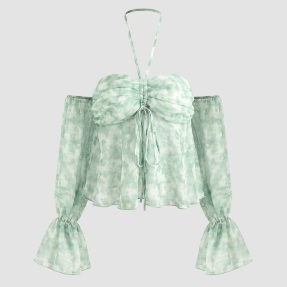 {Cider} Off-the-Shoulder Dreamy Green Printed Chiffon Puff Sleeve Blouse BNWT